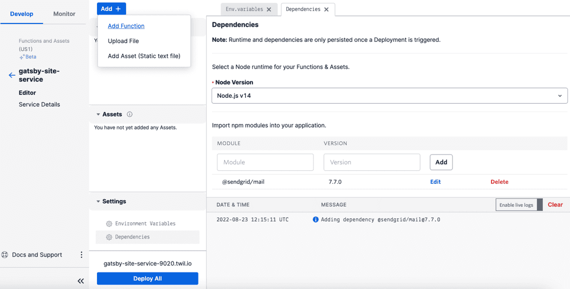 twilio add function twilio add function